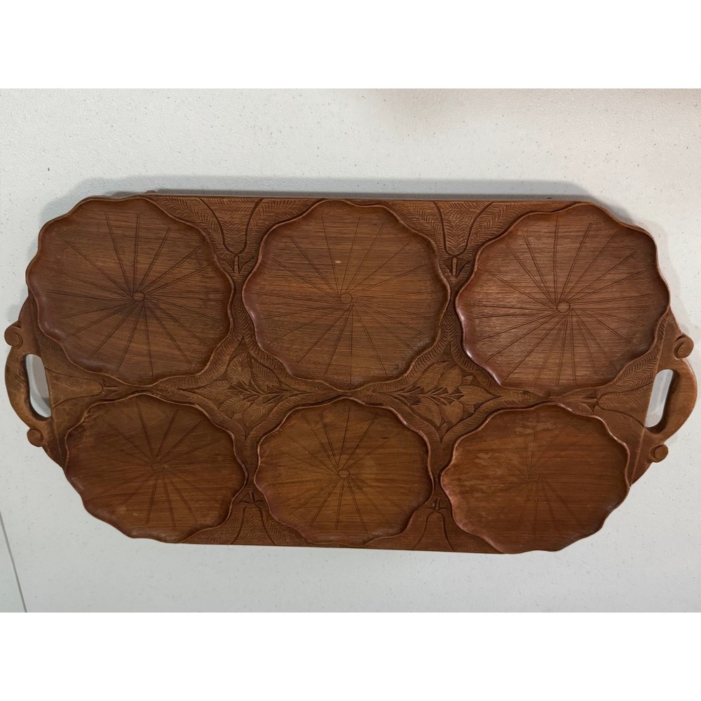 Vintage Lily Pad Hand Carved Wood Serving Tray Brown Floral MCM Boho Hosting